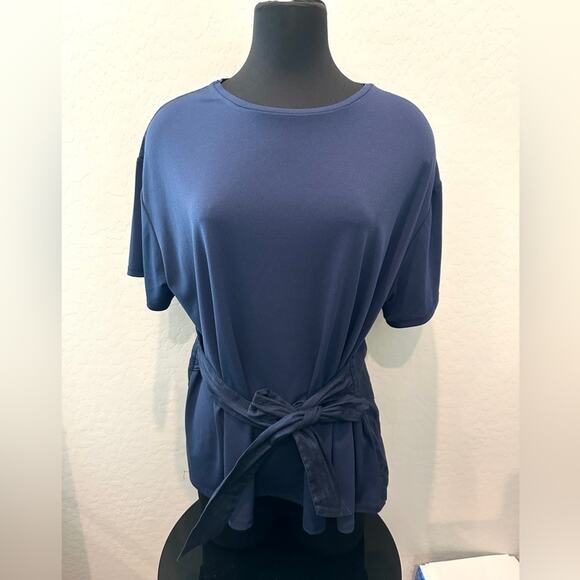 AVA & VIV | Navy Blue Mixed Fabric Knit Blouse Tie Front Short Sleeve Top | 14 - Picture 2 of 6